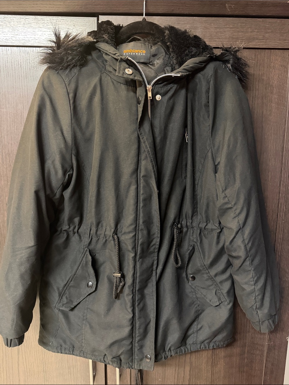 Ambiance Black Hooded Faux-Fur Trim Parka